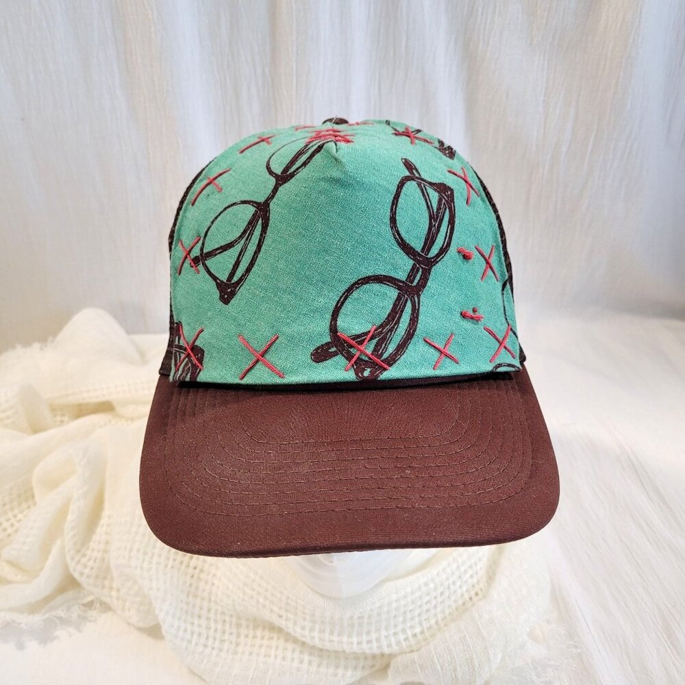 Vintage Otto Trucker Hat With Fun Glasses Print One Size Brown & Teal